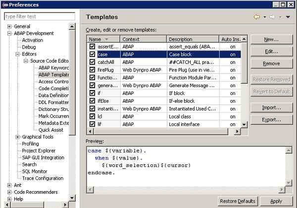 Create Static code Templates in ABAP on Eclipse